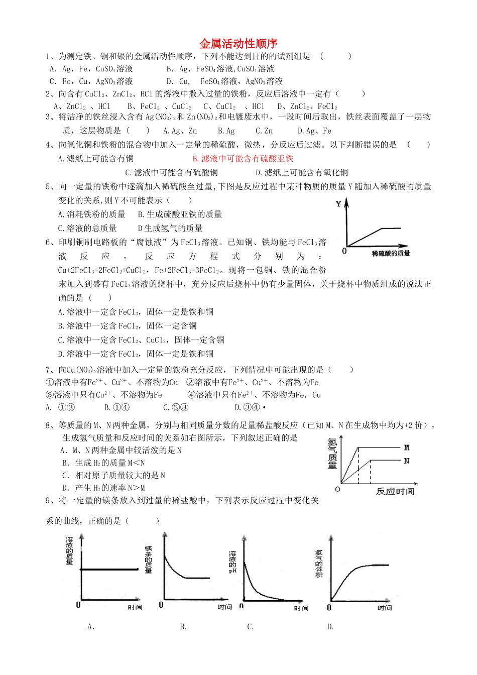 九年级化学下册 822 金属活动性顺序专题测试卷(新版)新人教版试卷_第1页