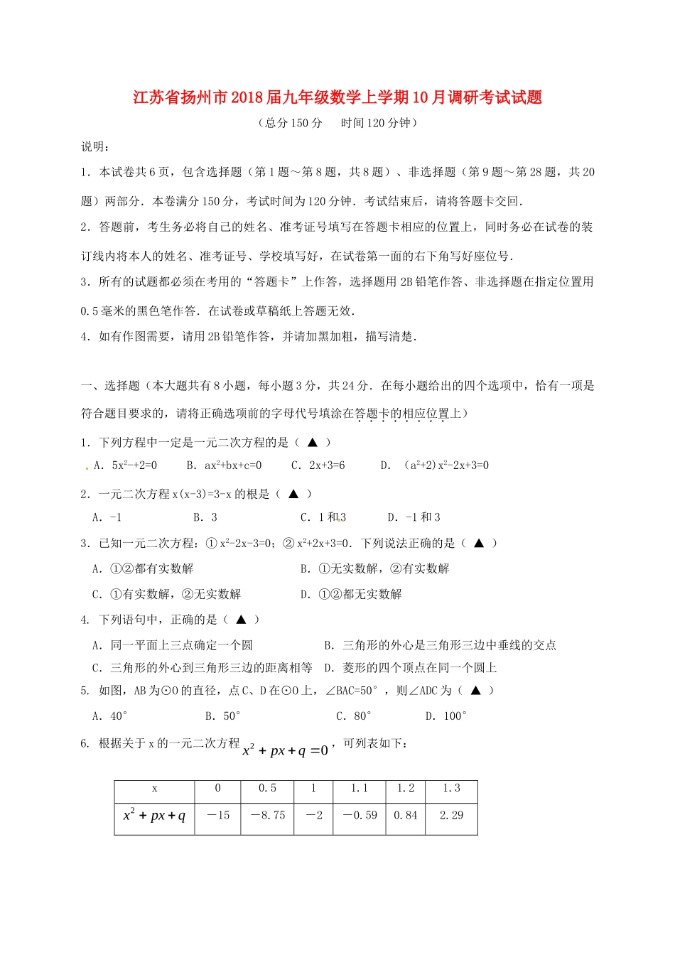 九年级数学上学期10月调研考试试卷 苏科版试卷_第1页