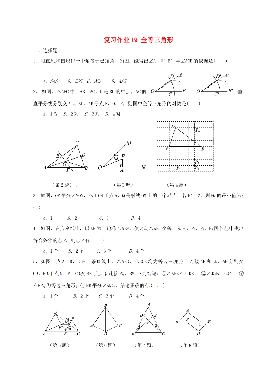 九年级数学下学期复习作业19 全等三角形试卷_第1页