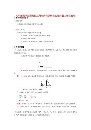 九年级数学应用相似三角形的知识解决实际问题人教实验版知识精讲试卷