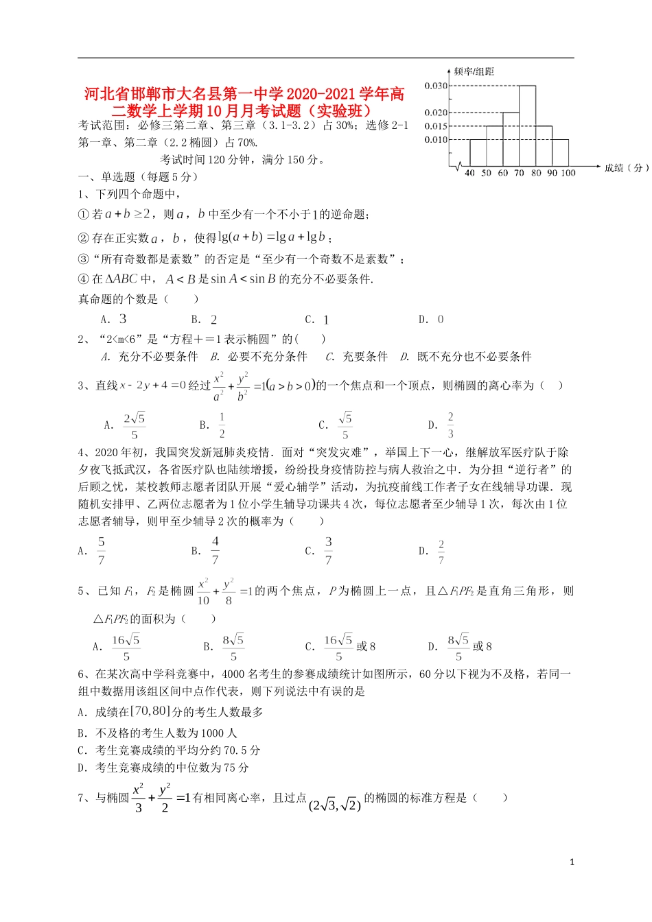 高二数学上学期10月月考试题（实验班）-人教版高二全册数学试题_第1页