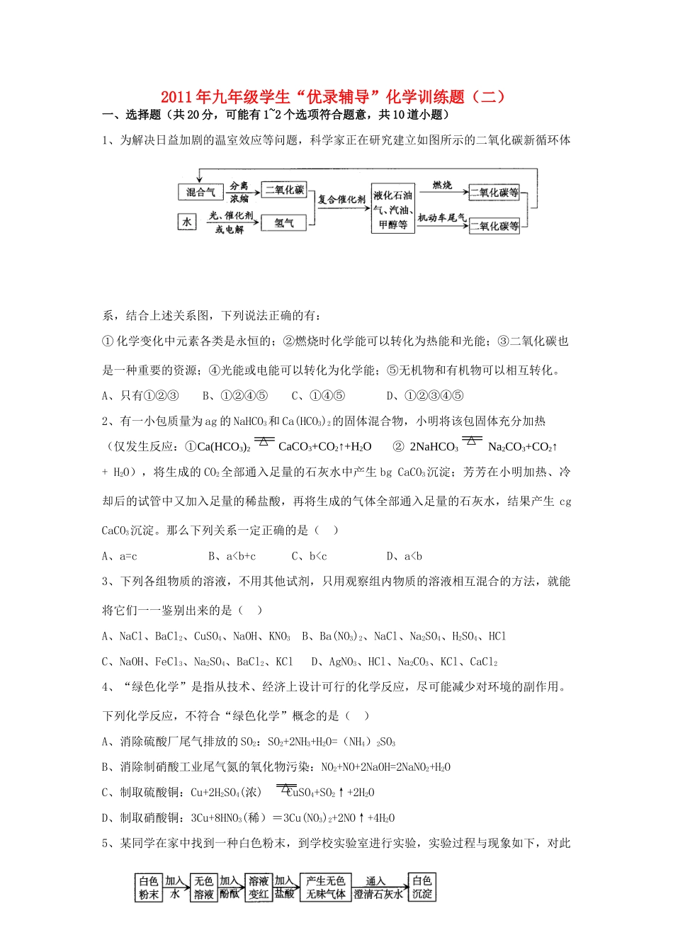 九年级化学学生优录辅导训练题(二)试卷_第1页