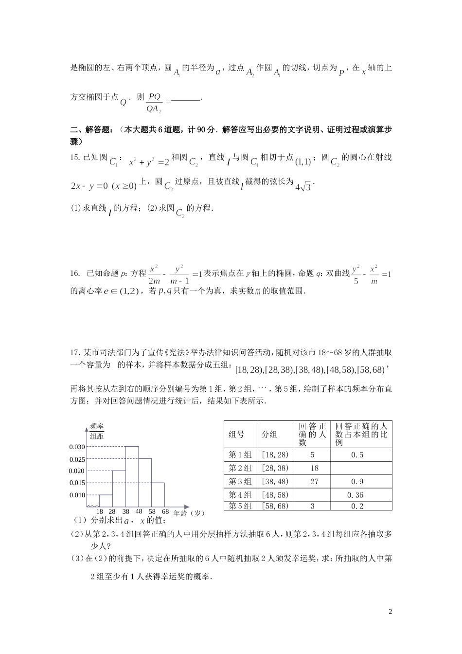高二数学上期末模拟试卷（一）-人教版高二全册数学试题_第2页