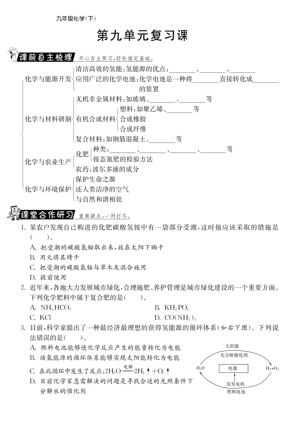 九年级化学全册 第九单元复习课测试卷(课前自主梳理课堂合作研习课后拓展探究，pdf)(新版)鲁教版试卷_第1页