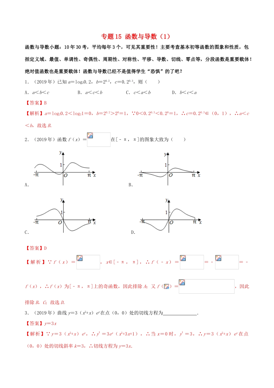 （新课标 全国I卷）高考数学 真题分类汇编 专题15 函数与导数（1）文（含解析）-人教版高三全册数学试题_第1页
