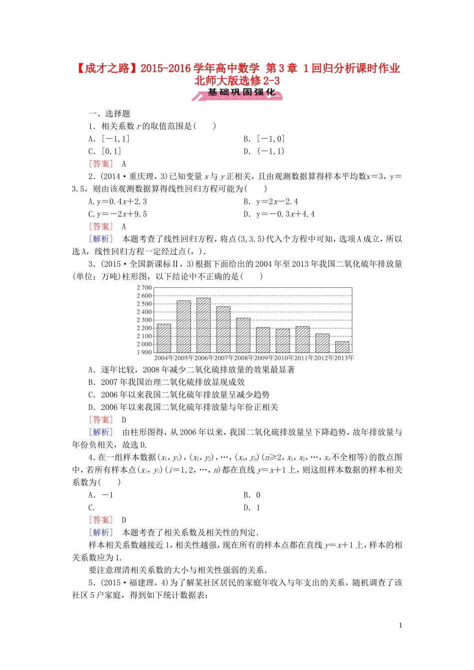 高中数学 第3章 1回归分析课时作业 北师大版选修2-3-北师大版高二选修2-3数学试题_第1页