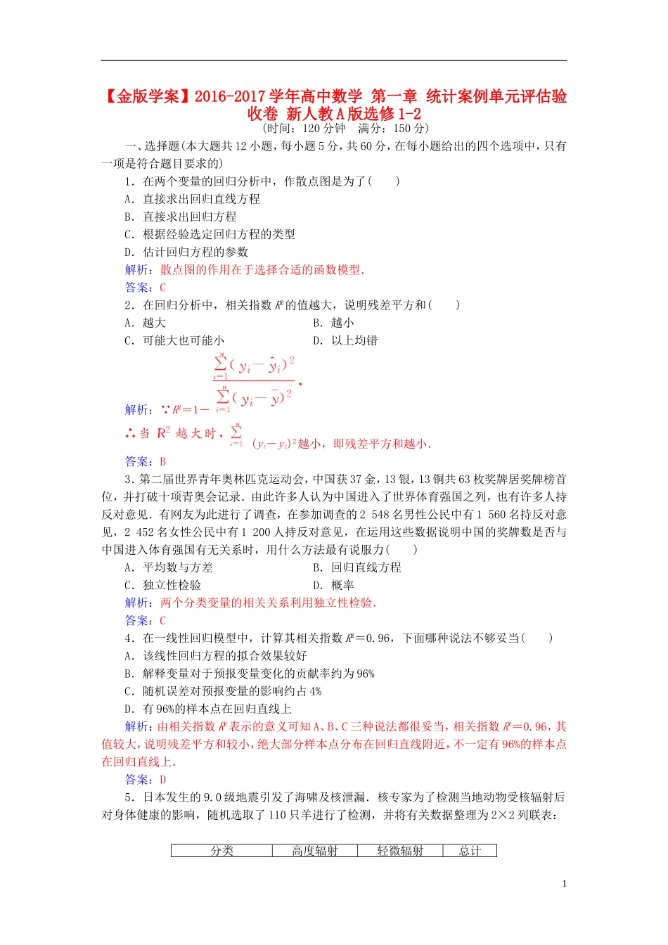 高中数学 第一章 统计案例单元评估验收卷 新人教A版选修1-2-新人教A版高二选修1-2数学试题_第1页