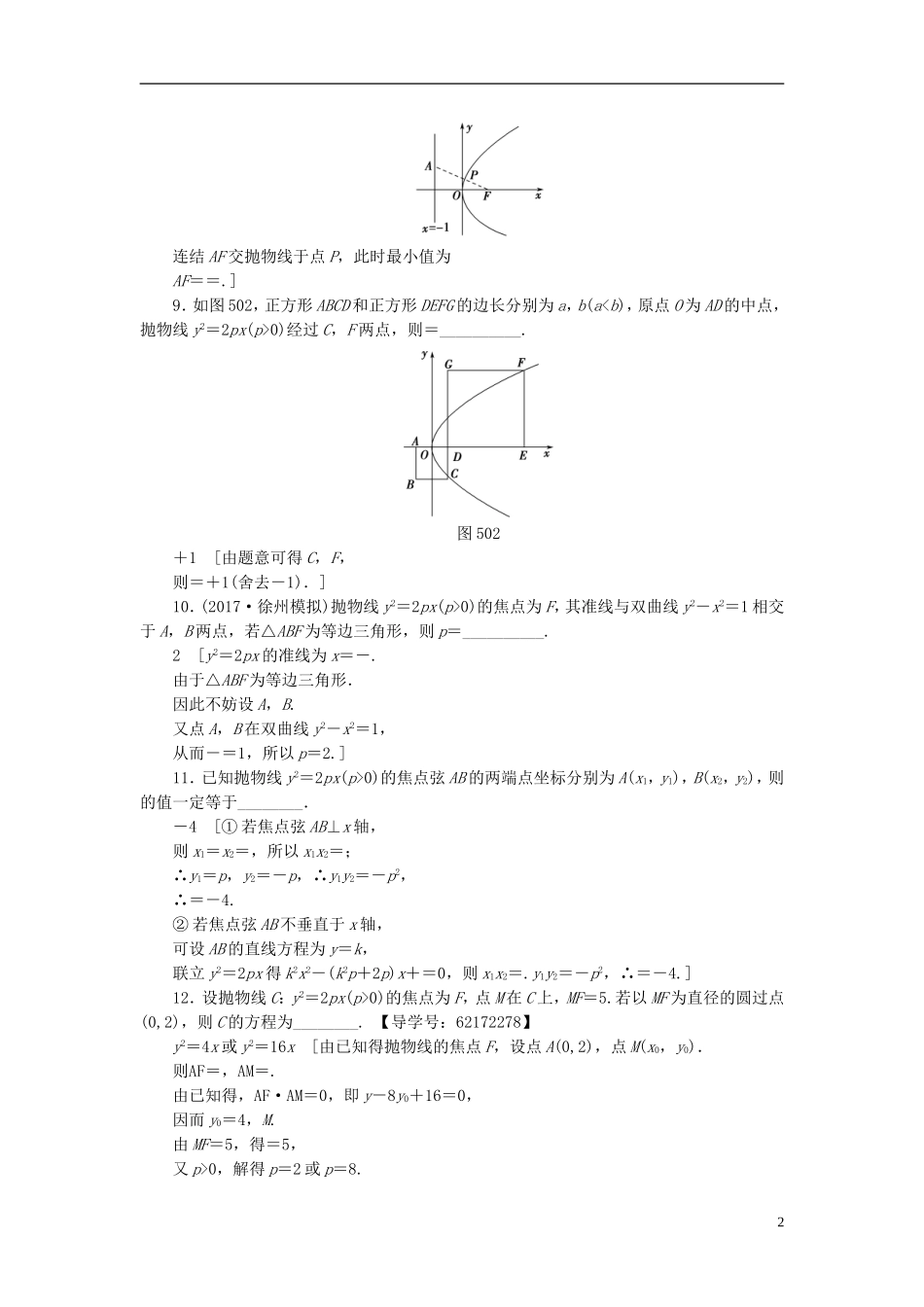（江苏专用）高考数学一轮复习 第九章 平面解析几何 第50课 抛物线课时分层训练-人教版高三全册数学试题_第2页