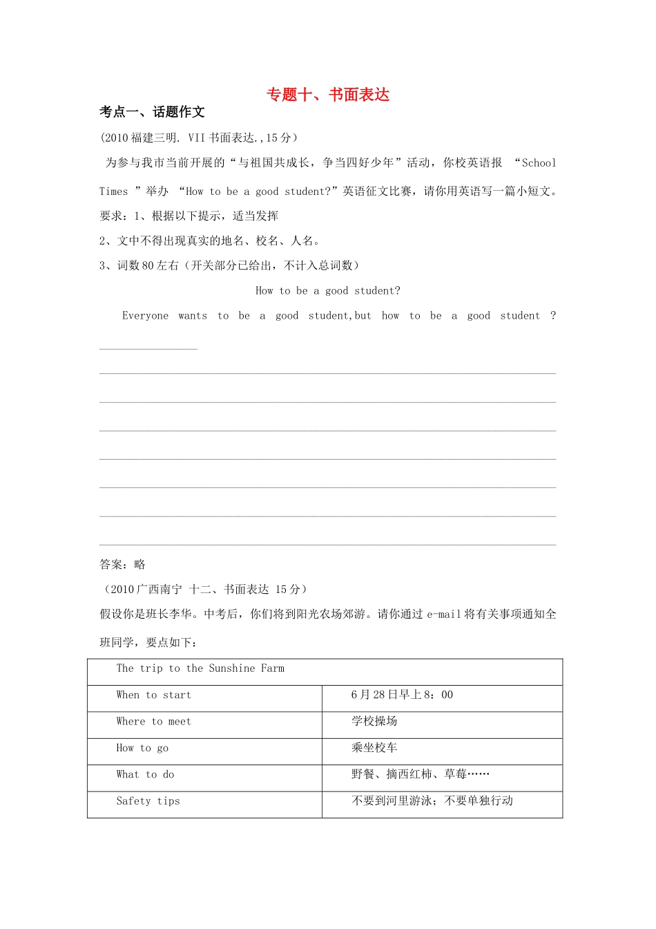 各地中考英语真题汇编 专题十 书面表达试卷_第1页