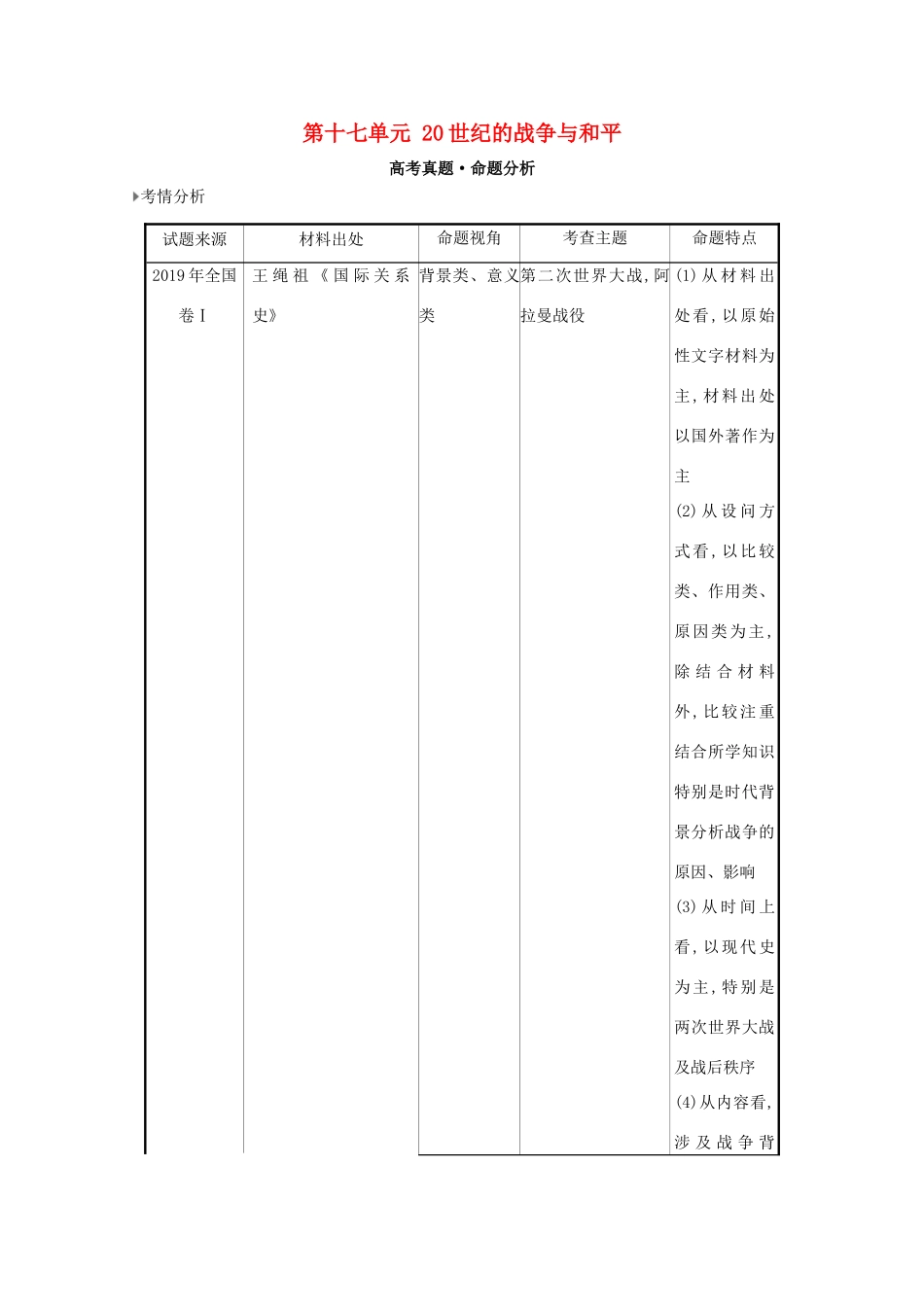高考历史大一轮复习 第十七单元 20世纪的战争与和平素养提升 岳麓版-岳麓版高三全册历史试题_第1页