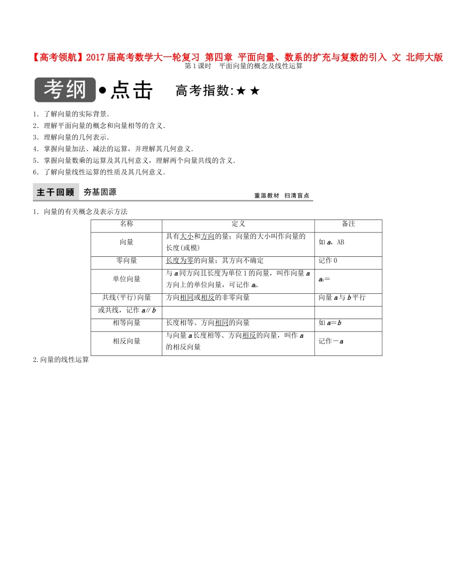 高考数学大一轮复习 第四章 平面向量、数系的扩充与复数的引入 文 北师大版-北师大版高三全册数学试题_第1页