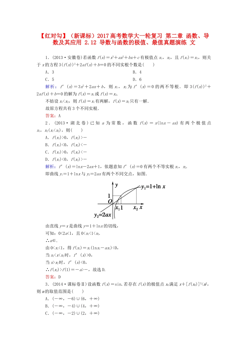 （新课标）高考数学大一轮复习 第二章 函数、导数及其应用 2.12 导数与函数的极值、最值真题演练 文-人教版高三全册数学试题_第1页