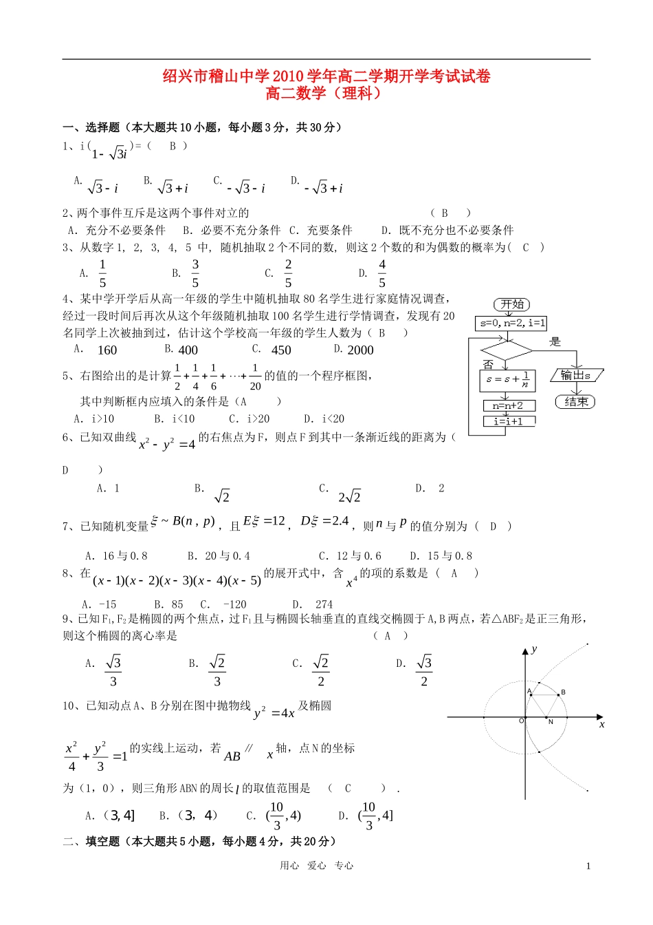 浙江省绍兴市稽山中学10-11学年高二数学下学期开学考试试卷 理_第1页