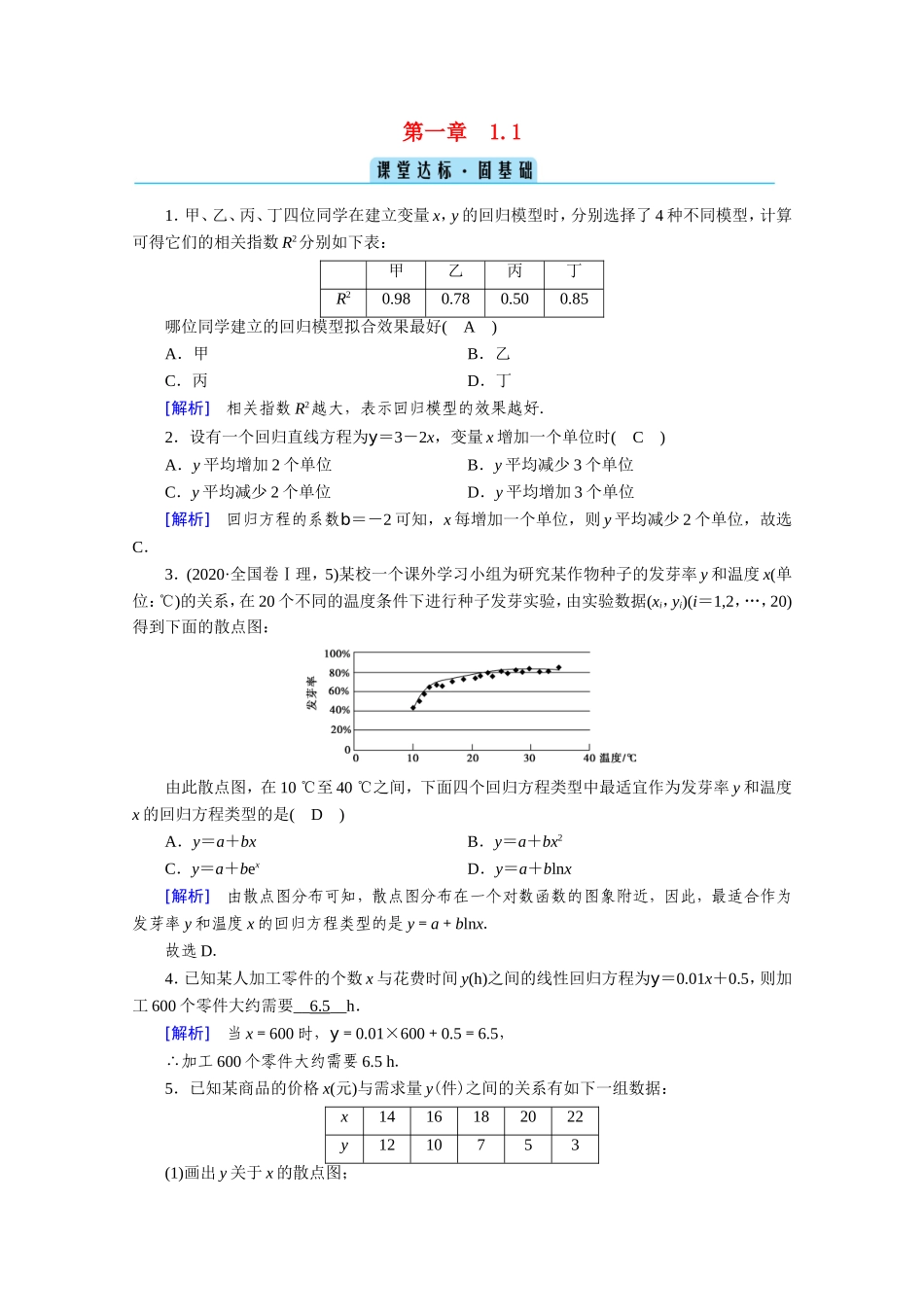 高中数学 第一章 统计案例 1.1 回归分析的基本思想及其初步应用课堂作业（含解析）新人教A版选修1-2-新人教A版高二选修1-2数学试题_第1页
