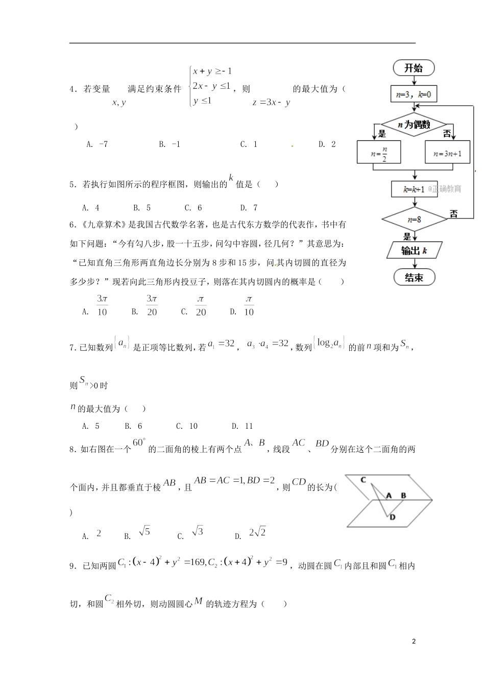湖南省三校高二数学12月联考试题 理-人教版高二全册数学试题_第2页