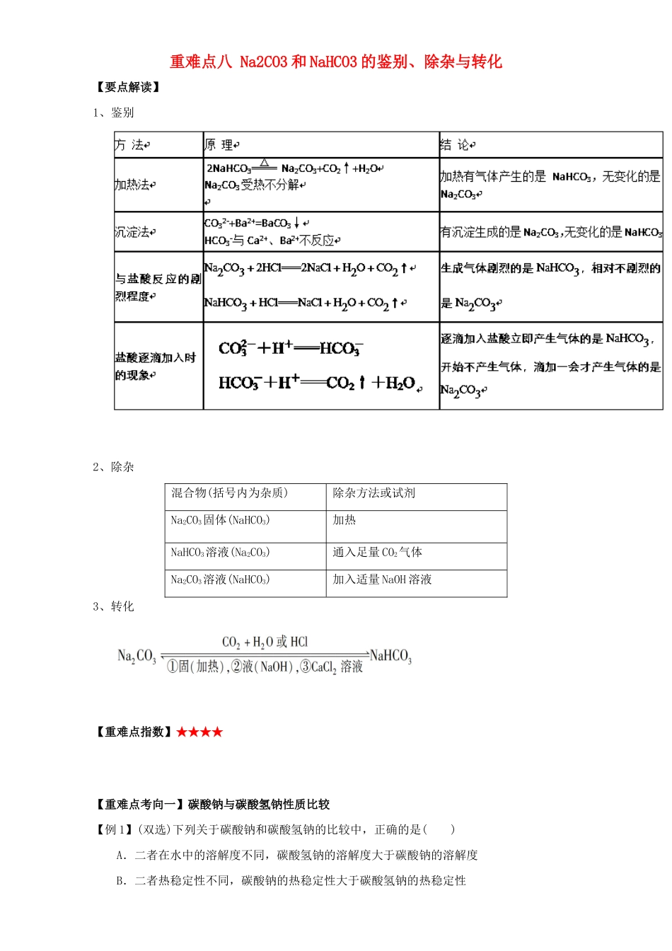 高中化学 第三章 非金属及其化合物 重难点八 Na2CO3和NaHCO3的鉴别、除杂与转化（含解析）新人教版必修1-新人教版高一必修1化学试题_第1页