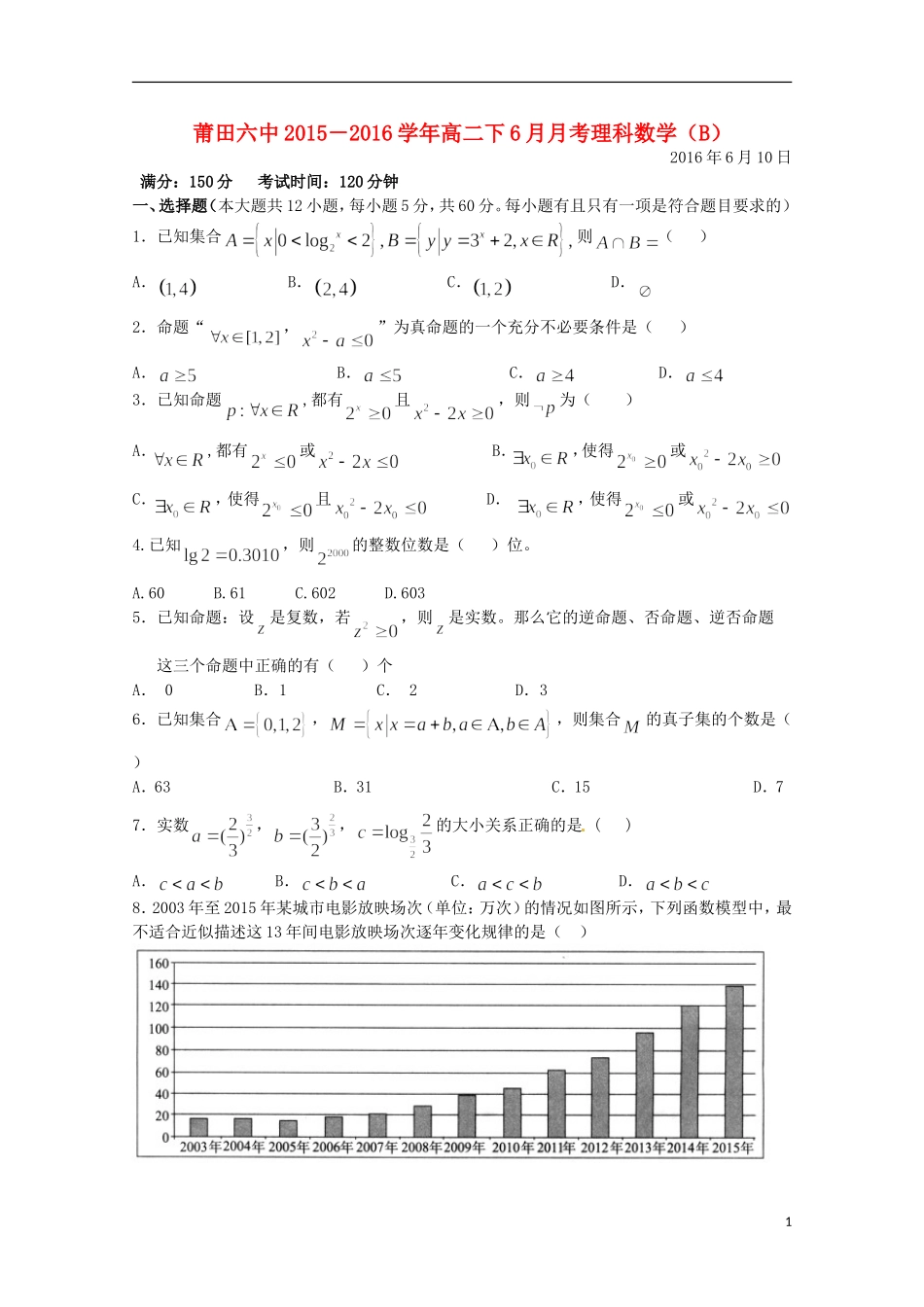 高二数学6月月考试题 理（普通班）-人教版高二全册数学试题_第1页