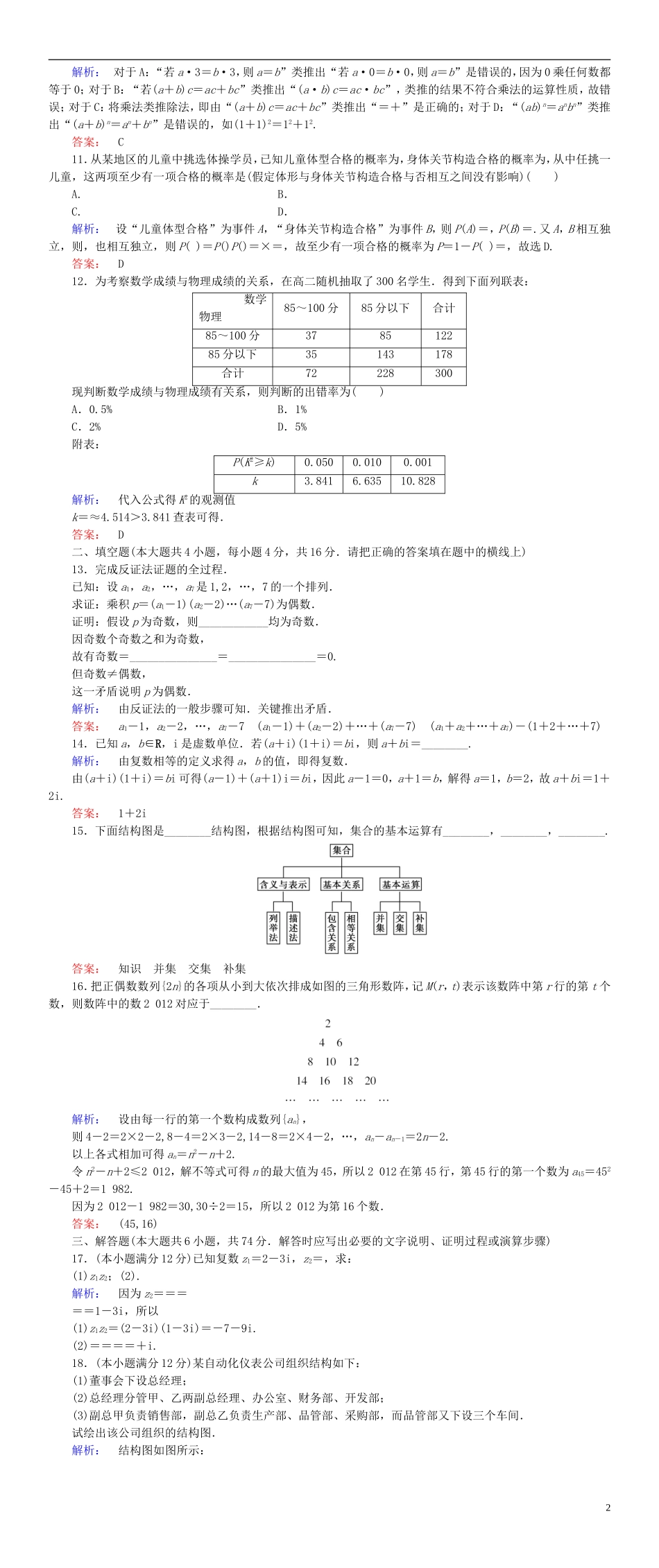 高中数学 模块综合质量测评 新人教A版选修1-2-新人教A版高二选修1-2数学试题_第2页