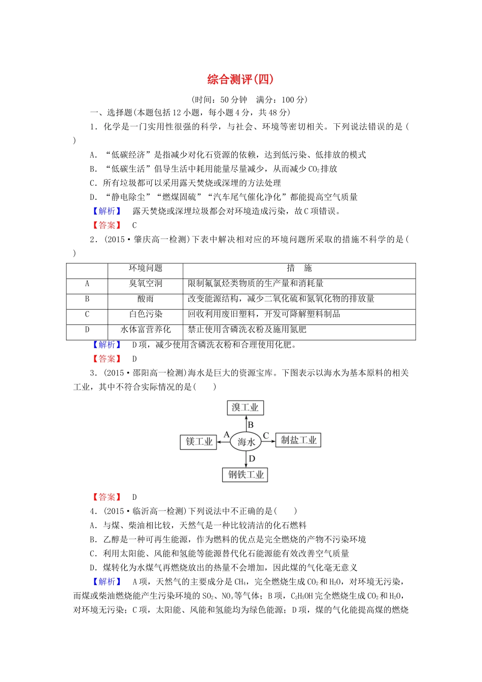 高中化学 第四章 化学与自然资源的开发利用 综合测评（四）（含解析）新人教版必修2-新人教版高一必修2化学试题_第1页