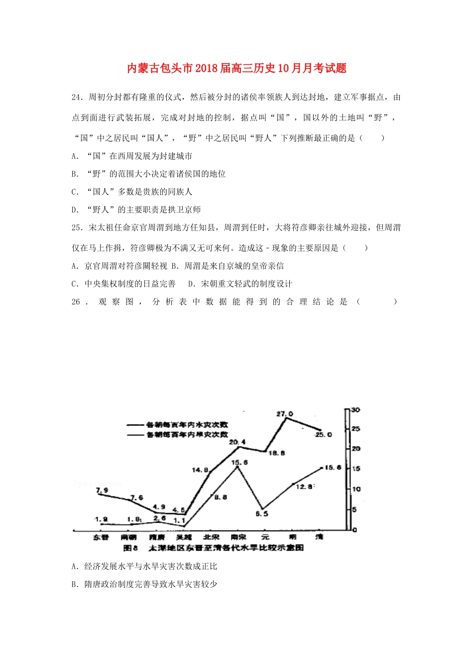 内蒙古包头市高三历史10月月考试题-人教版高三全册历史试题_第1页