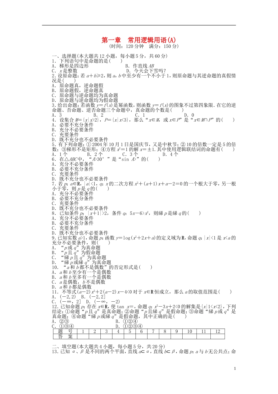 高中数学 第一章 单元检测（A卷）新人教A版选修2-1-新人教A版高二选修2-1数学试题_第1页