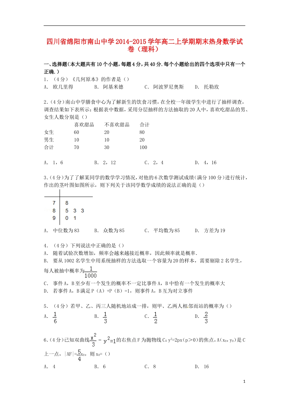高二数学上学期期末热身试卷 理（含解析）-人教版高二全册数学试题_第1页