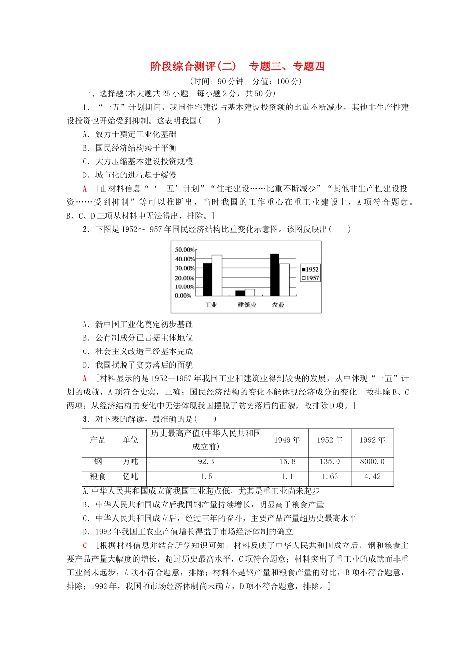 高中历史 专题3 中国社会主义建设道路的探索 专题4 中国近现代社会生活的变迁阶段综合测评 人民版必修2-人民版高一必修2历史试题_第1页