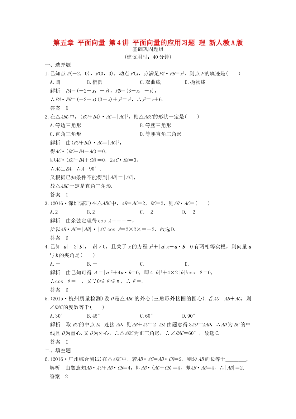 （山东专用）高考数学一轮复习 第五章 平面向量 第4讲 平面向量的应用习题 理 新人教A版-新人教A版高三全册数学试题_第1页