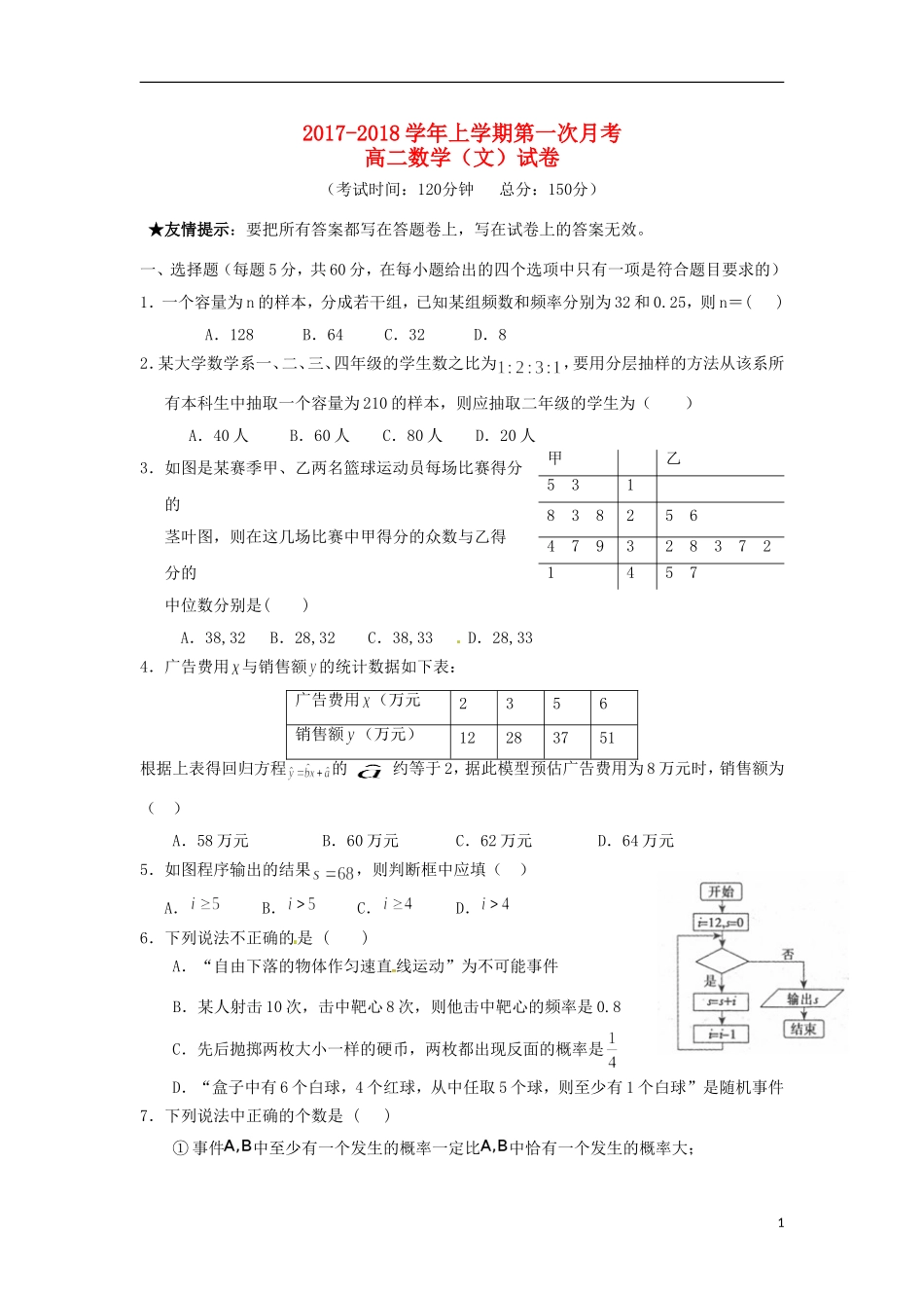 福建省龙海市高二数学上学期第一次月考试题 文-人教版高二全册数学试题_第1页