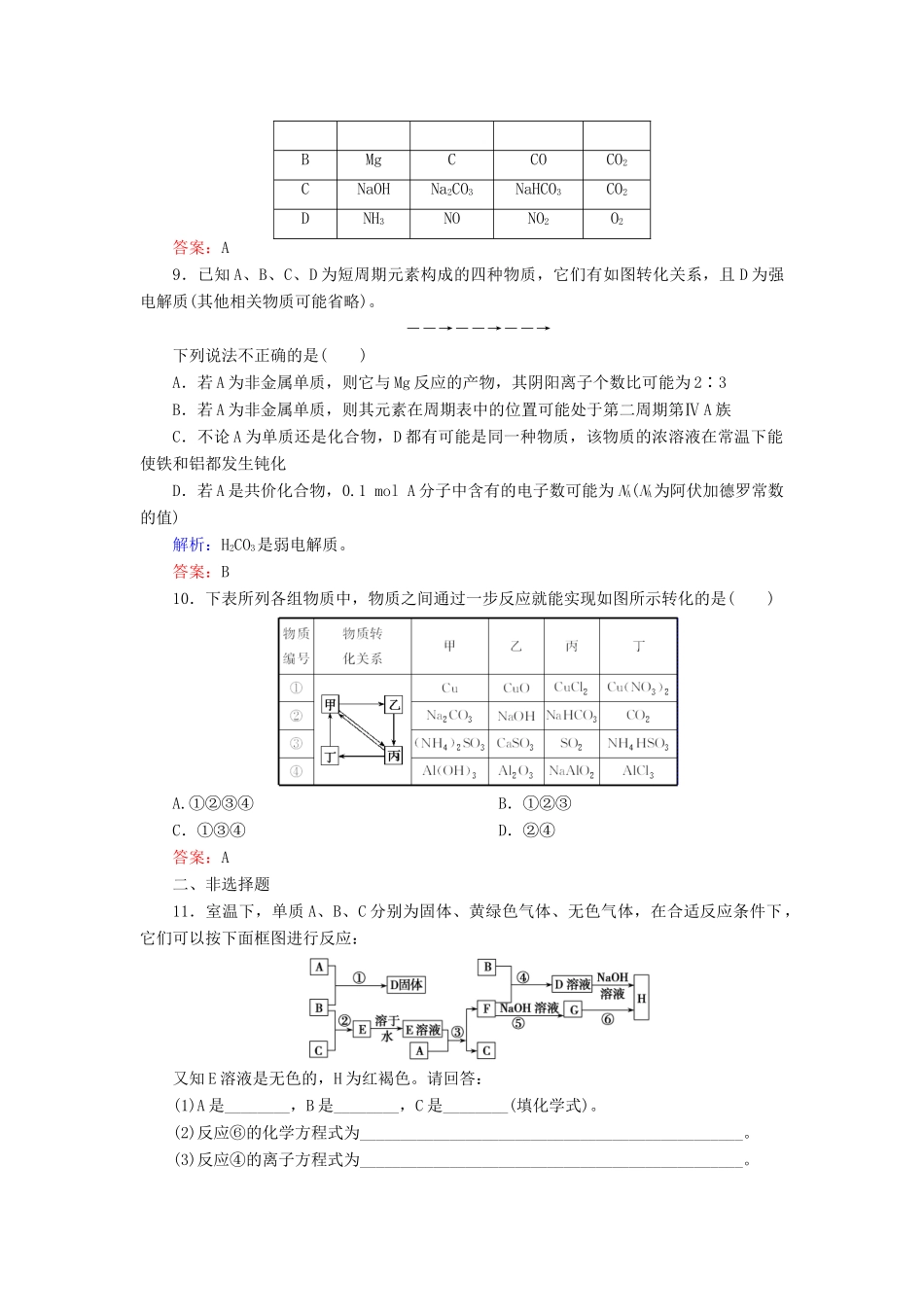 优化探究高考化学总复习 专题讲座四 无机框图题的解题策略课时作业-人教版高三全册化学试题_第3页