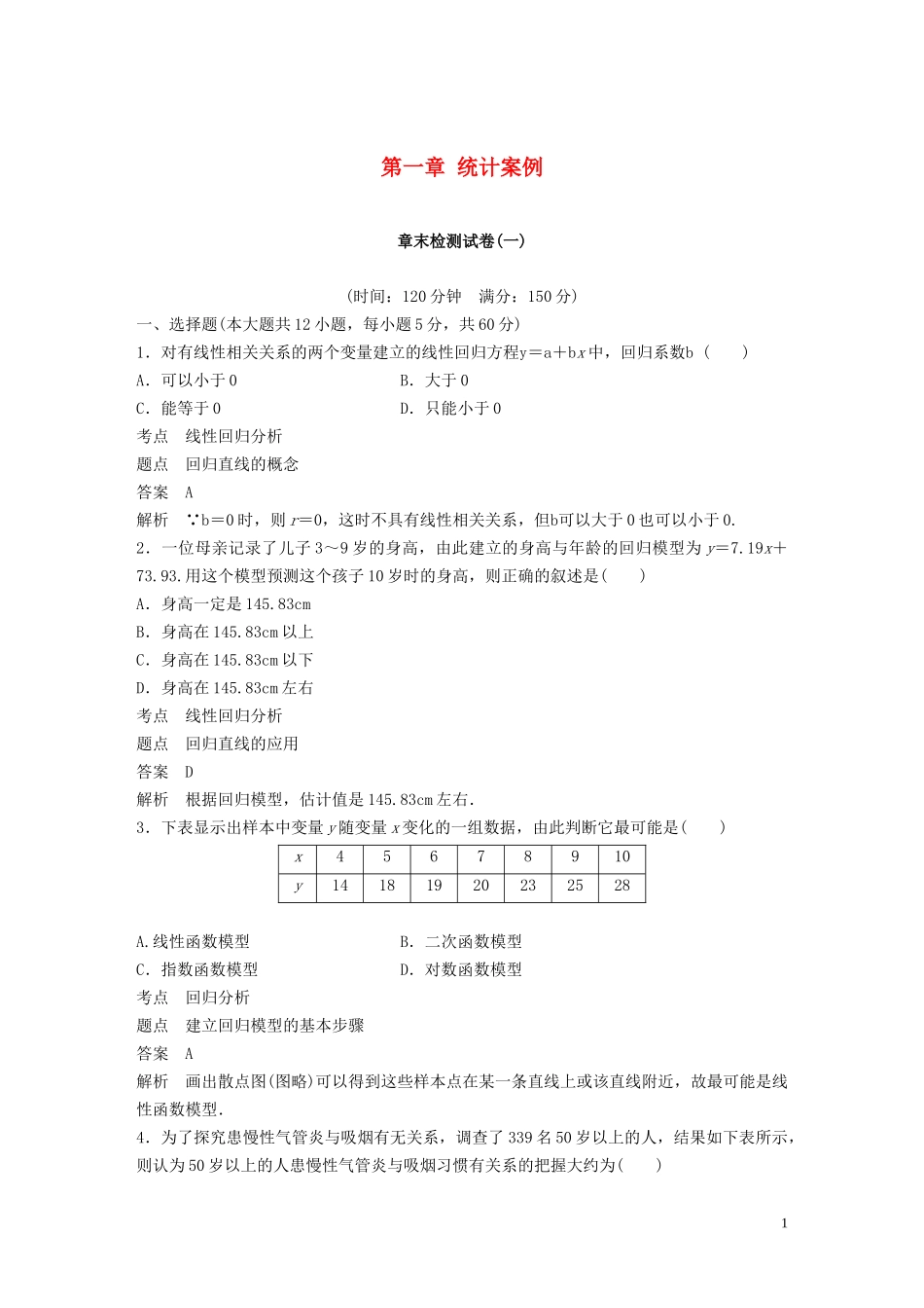 高中数学 第一章 统计案例章末检测试卷 新人教A版选修1-2-新人教A版高二选修1-2数学试题_第1页