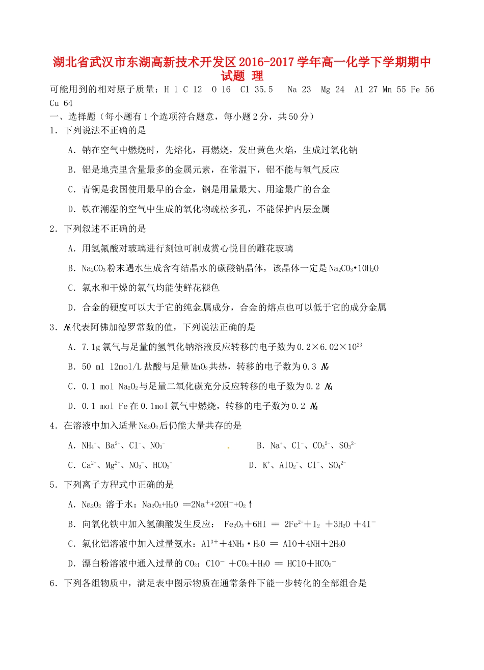 湖北省武汉市东湖高新技术开发区高一化学下学期期中试题 理-人教版高一全册化学试题_第1页