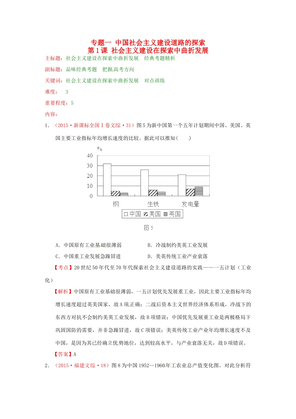 高考历史复习 专题01 第1课 社会主义建设在探索中曲折发展经典考题-人教版高三全册历史试题_第1页