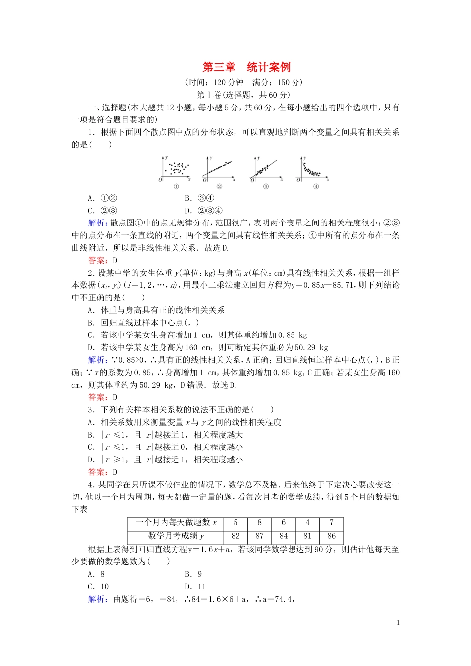高中数学 第3章 统计案例阶段性测试题三 新人教A版选修2-3-新人教A版高二选修2-3数学试题_第1页