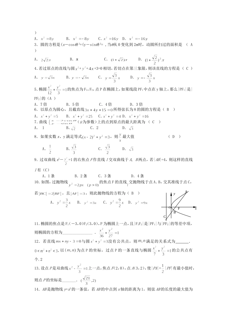 高二数学期末复习之圆锥曲线综合 新课标 人教版_第3页