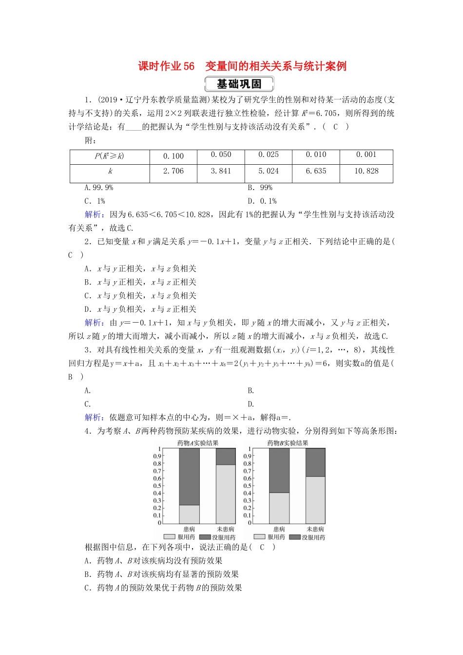 高考数学总复习 第九章 算法初步、统计、统计案例 课时作业56 变量间的相关关系与统计案例 文（含解析）新人教A版-新人教A版高三全册数学试题_第1页