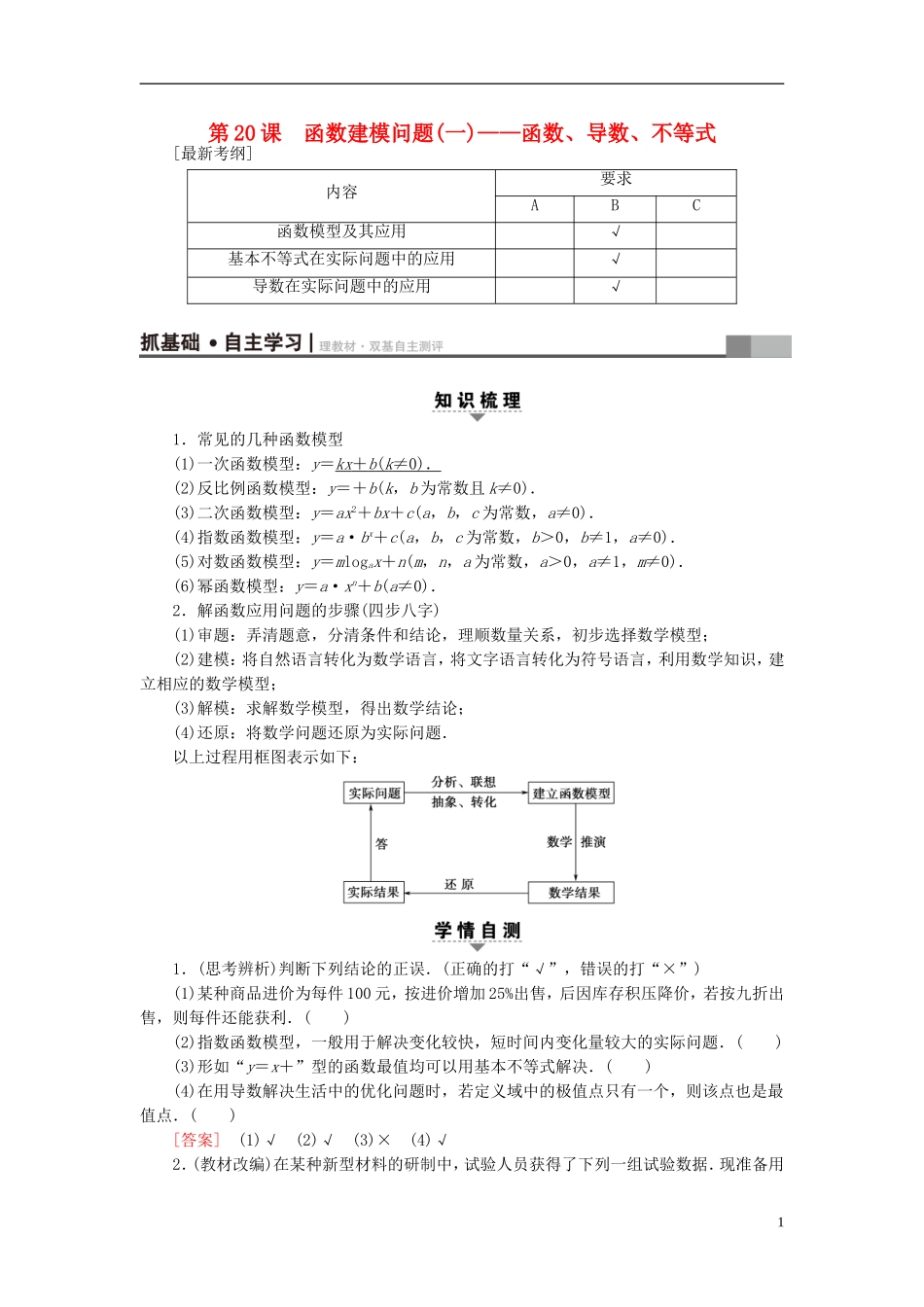 （江苏专用）高考数学一轮复习 第四章 导数及其应用 第20课 函数建模问题(一)——函数、导数、不等式教师用书-人教版高三全册数学试题_第1页