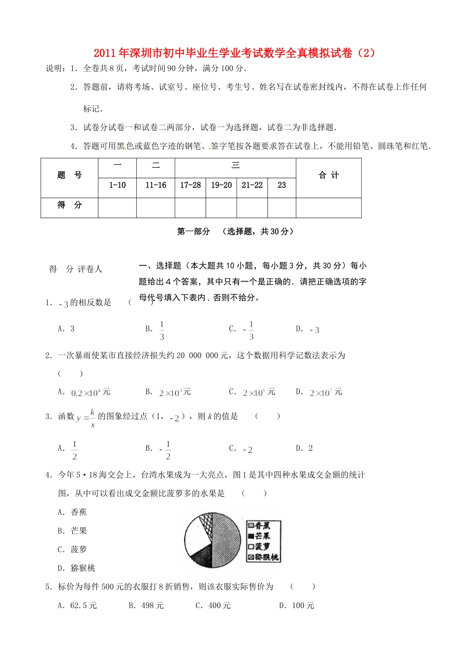 初中数学毕业生学业考试全真模拟试题(2) 试题_第1页