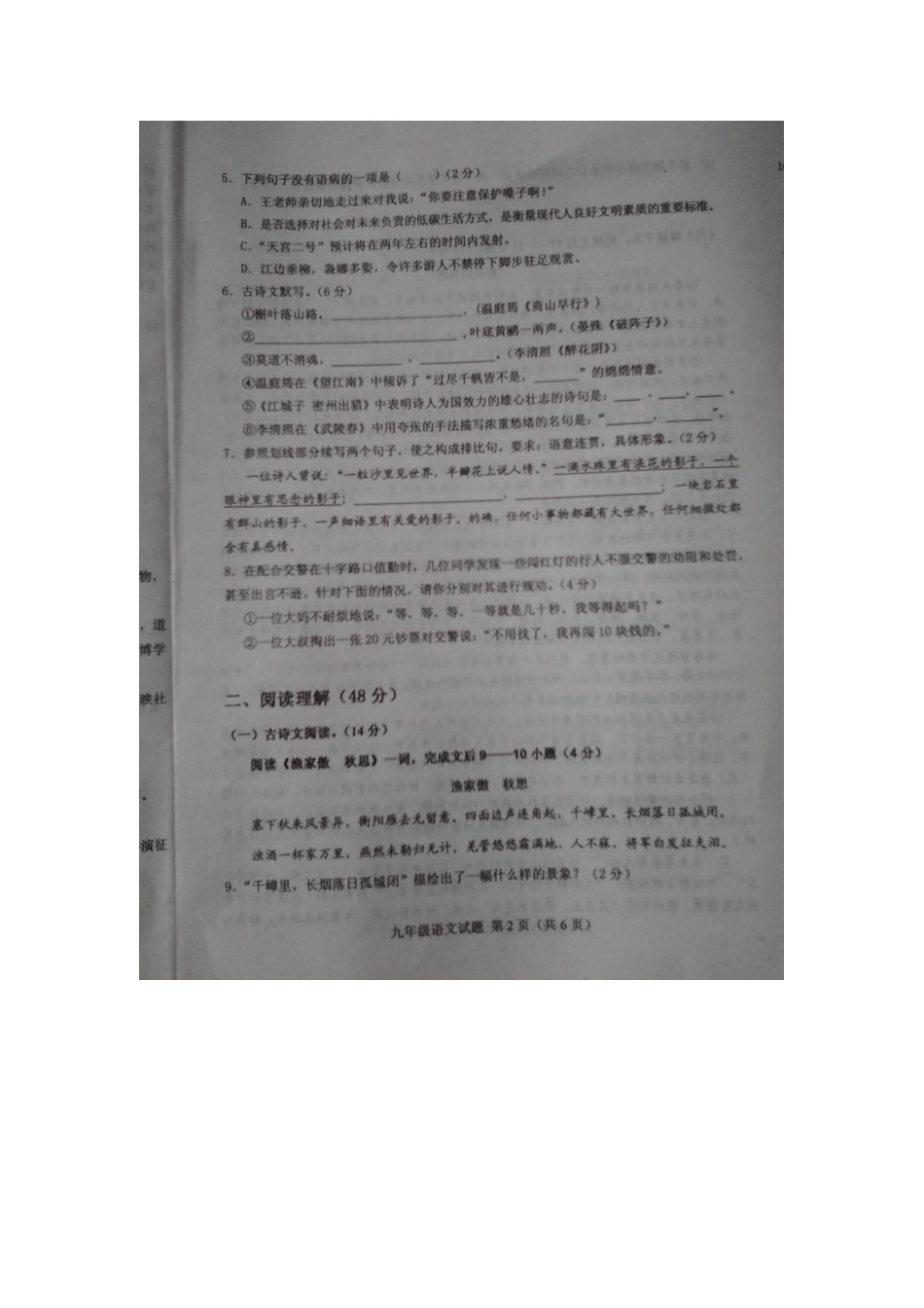 山东省临沭县九年级语文上学期期中质量监测试卷新人教版试卷_第2页