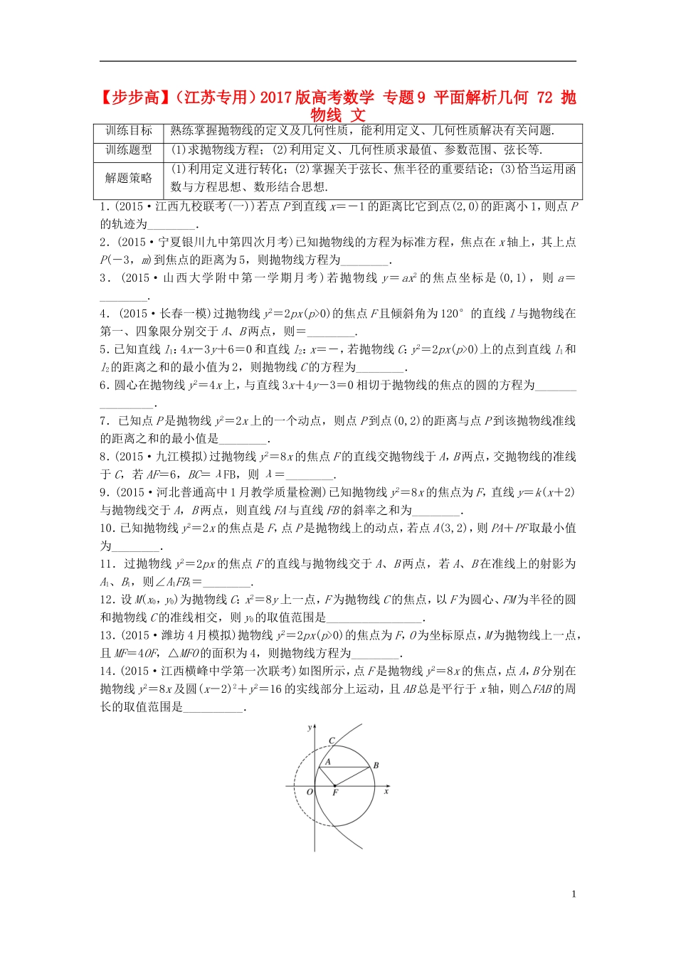 （江苏专用）高考数学 专题9 平面解析几何 72 抛物线 文-人教版高三全册数学试题_第1页