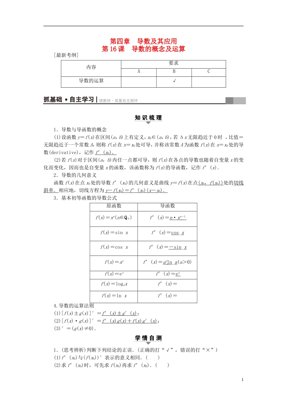 （江苏专用）高考数学一轮复习 第四章 导数及其应用 第16课 导数的概念及运算教师用书-人教版高三全册数学试题_第1页