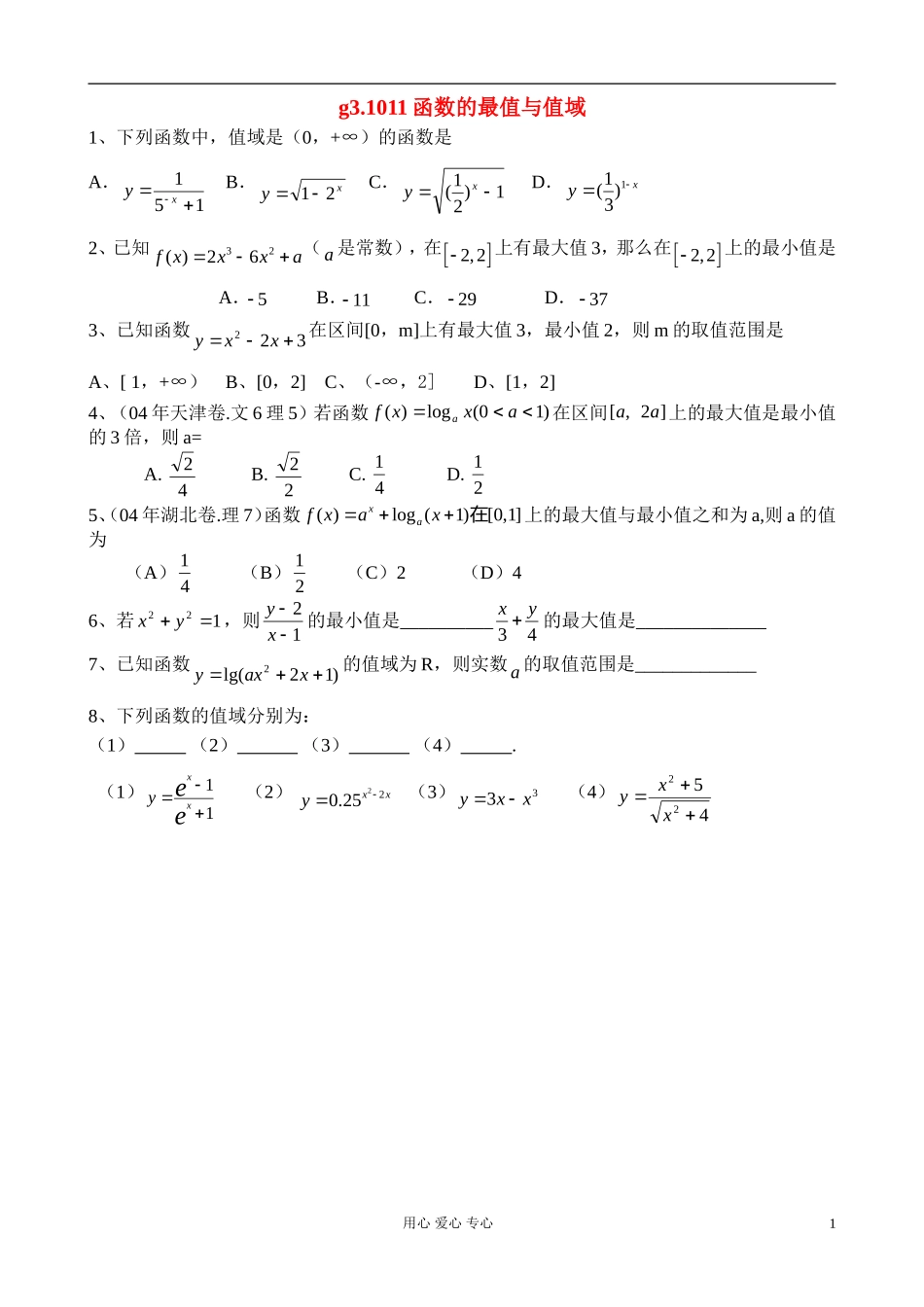 高考数学第一轮总复习 011函数的最值与值域精品同步练习 新人教A版_第1页