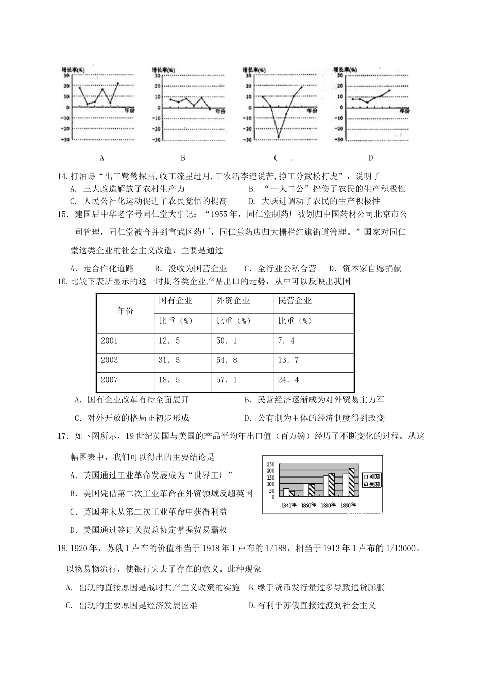 吉林省扶余市高一历史下学期期末考试试题-人教版高一全册历史试题_第3页