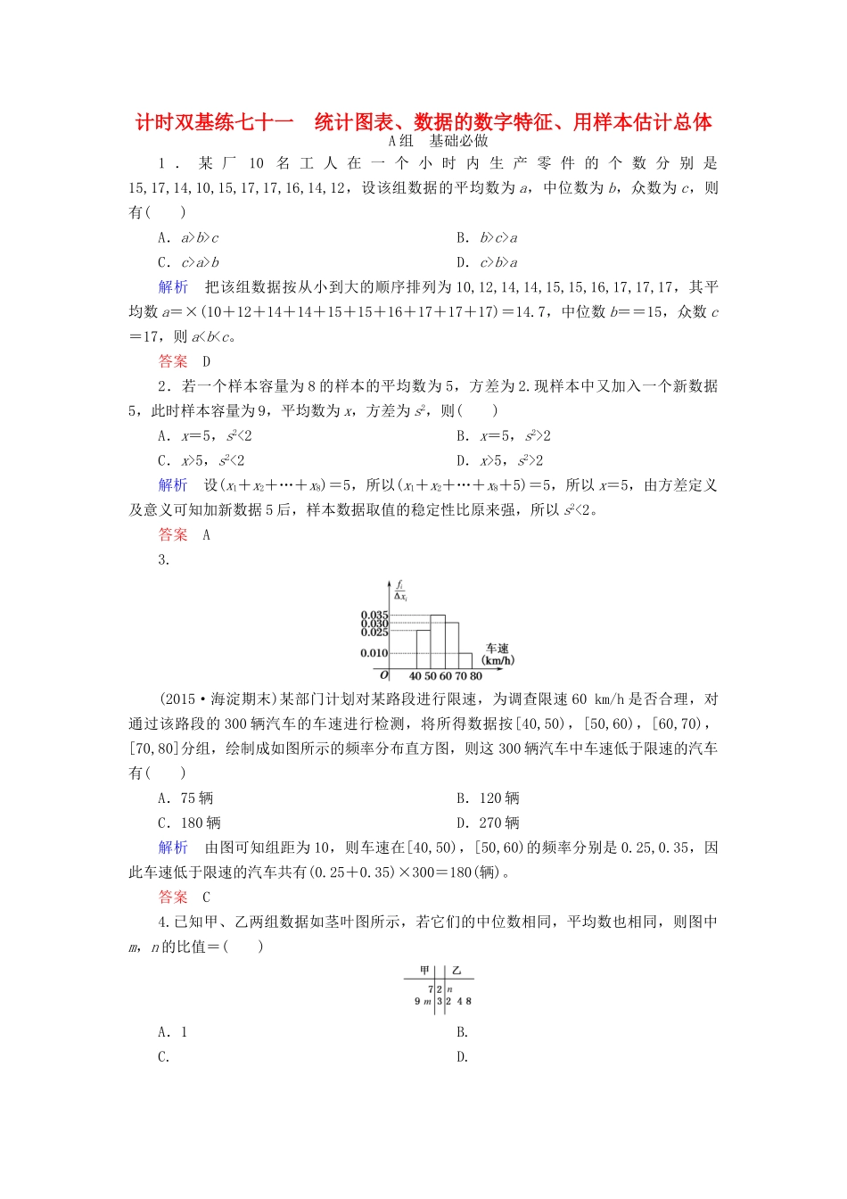 高考数学大一轮总复习 第十章 统计、统计案例及算法初步 计时双基练71 统计图表、数据的数字特征、用样本估计总体 理 北师大版-北师大版高三全册数学试题_第1页