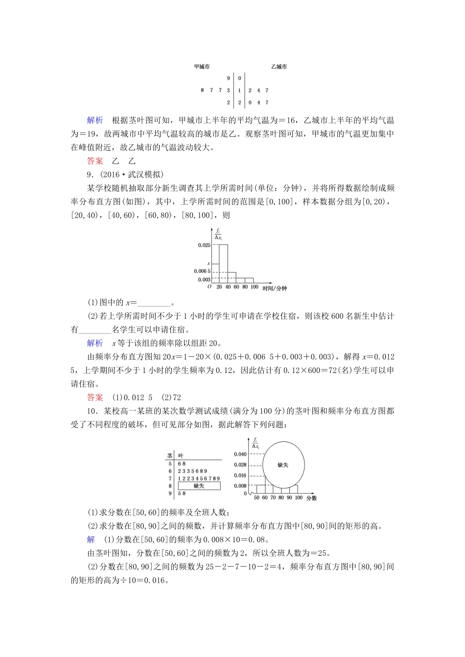 高考数学大一轮总复习 第十章 统计、统计案例及算法初步 计时双基练71 统计图表、数据的数字特征、用样本估计总体 理 北师大版-北师大版高三全册数学试题_第3页