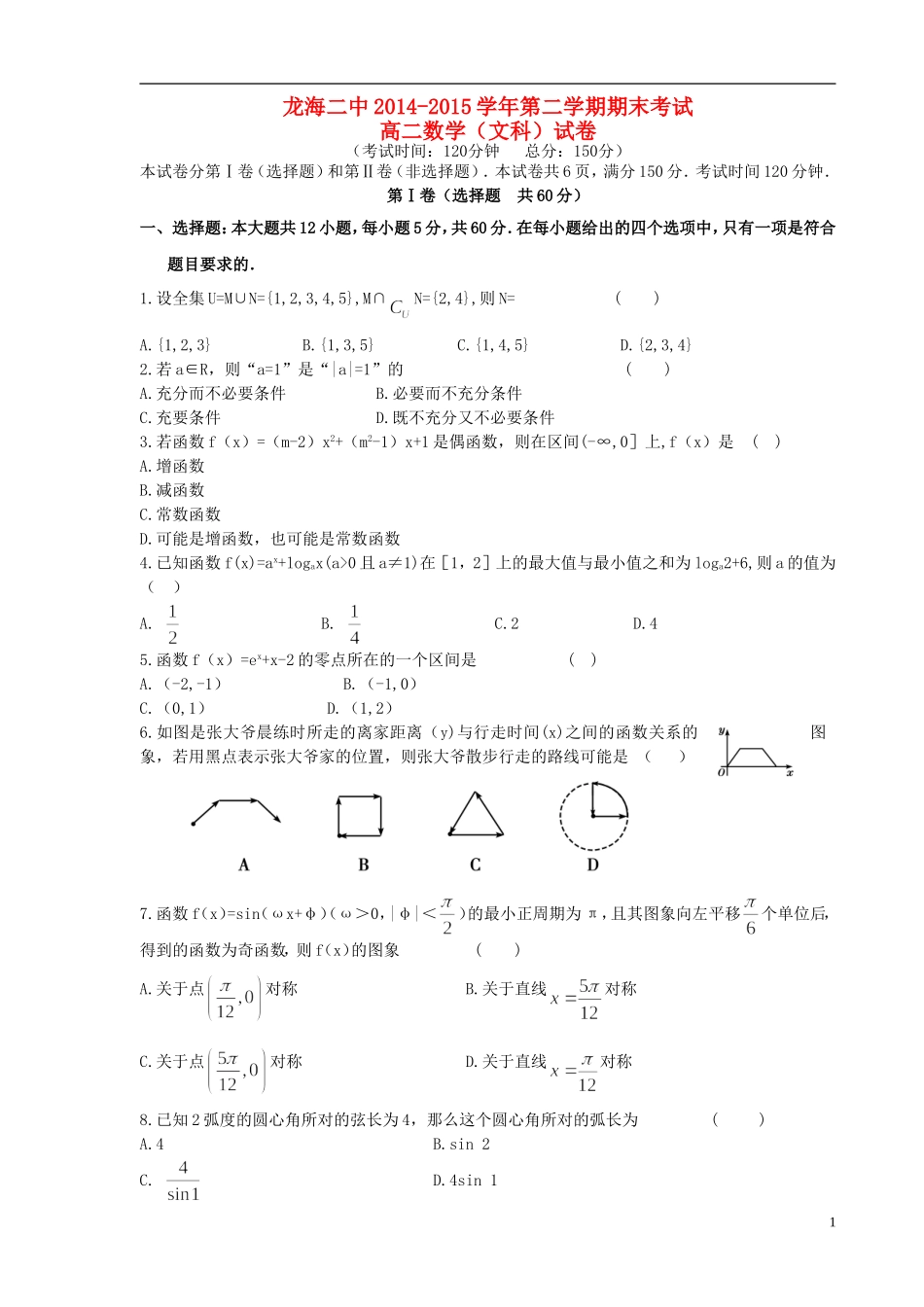 福建省龙海二中高二数学下学期期末考试卷 文-人教版高二全册数学试题_第1页