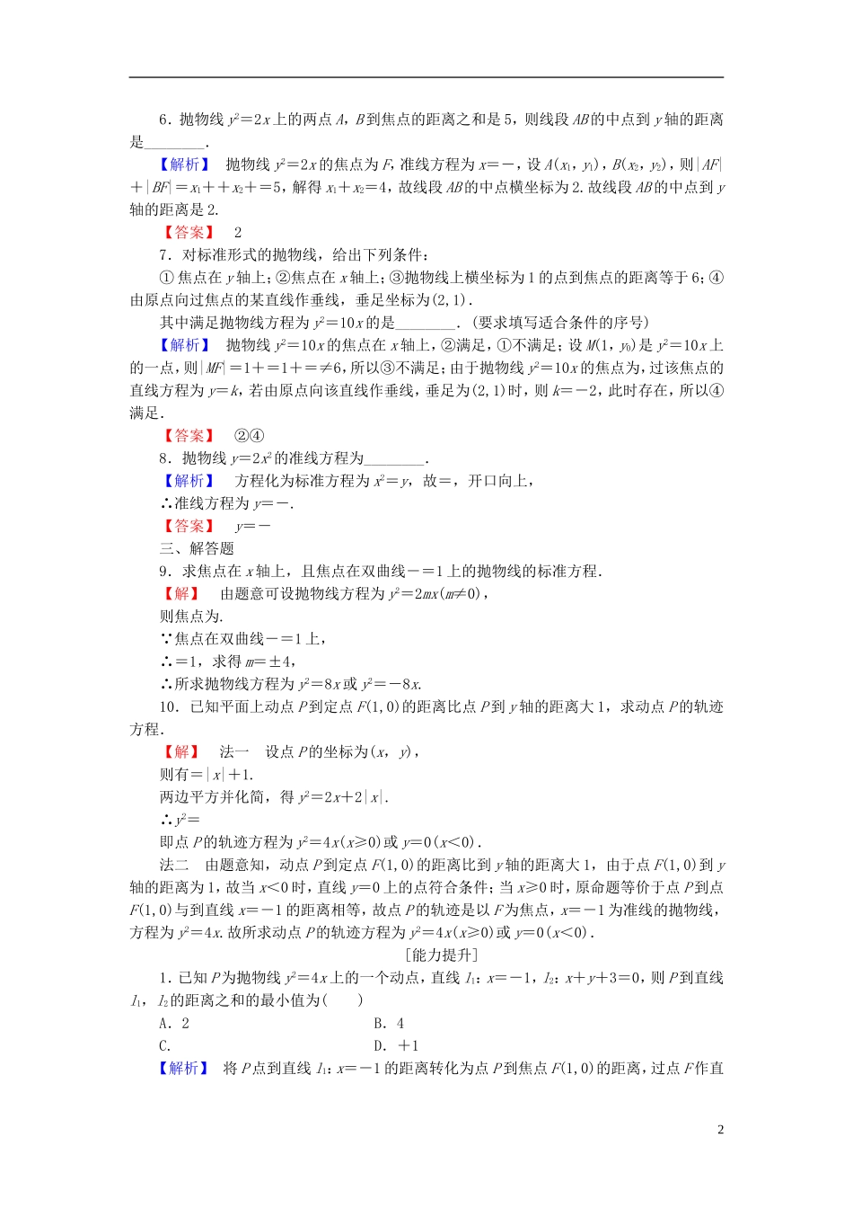 高中数学 第二章 圆锥曲线与方程 2.4.1 抛物线的标准方程学业分层测评 新人教B版选修2-1-新人教B版高二选修2-1数学试题_第2页