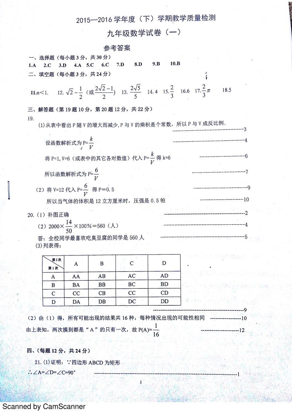 九年级数学下学期第一次模拟试卷答案(pdf) 0516216_第1页