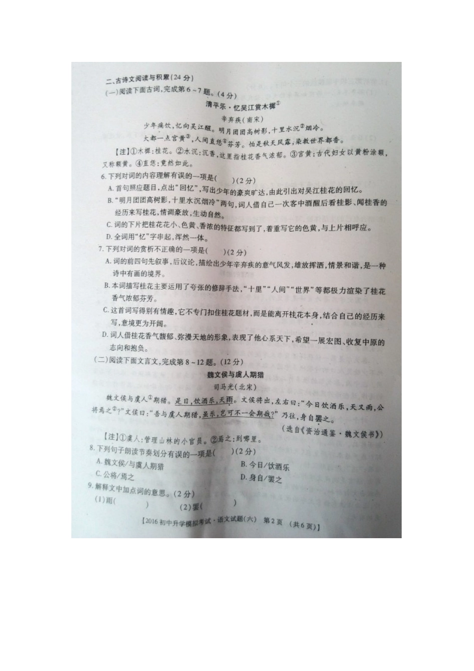 中考语文升学模拟试卷(六)试卷_第2页