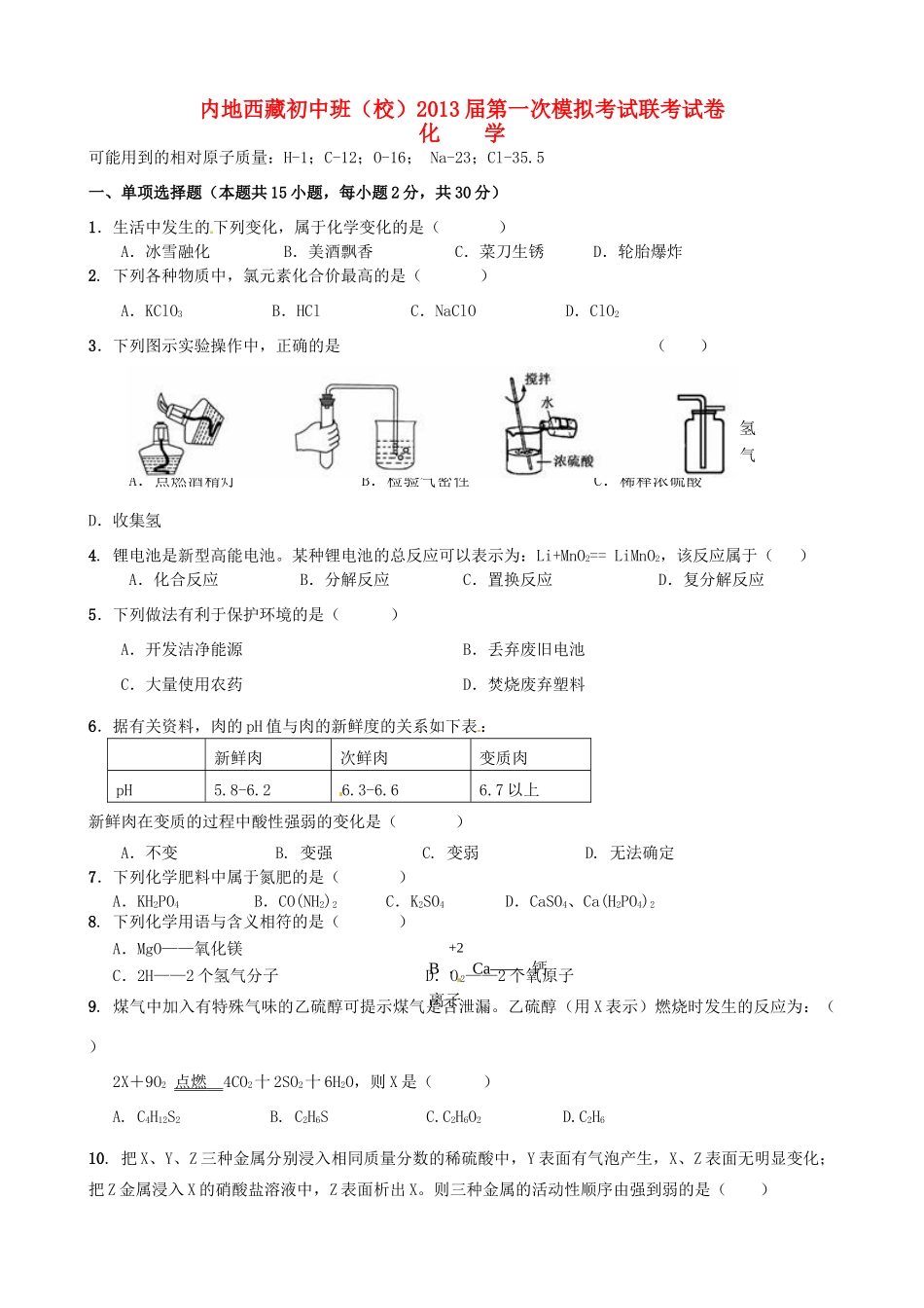 九年级化学第一次模拟考试试卷 新人教版试卷_第1页